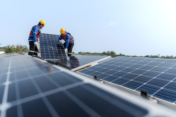 Photovoltaic engineers work on floating photovoltaics. workers Inspect and repair the solar panel equipment floating on water. Engineer working setup Floating solar panels Platform system on the lake.