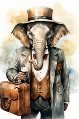 An elephant in a sharp suit and stylish hat is depicted in this painting. The elephant exudes a sense of sophistication and style as it carries a briefcase