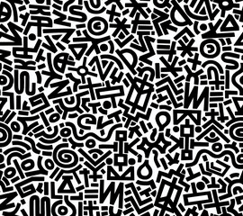 A black and white abstract hand-drawn drawing in the style of hieroglyphs.Seamless pattern.