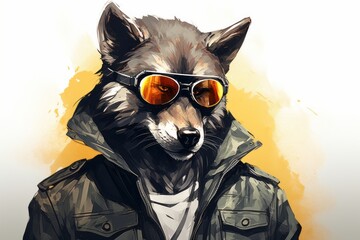 A drawing of a wolf wearing aviator sunglasses, exuding a cool and stylish vibe with its leather jacket. The wolfs demeanor is confident and fashionable