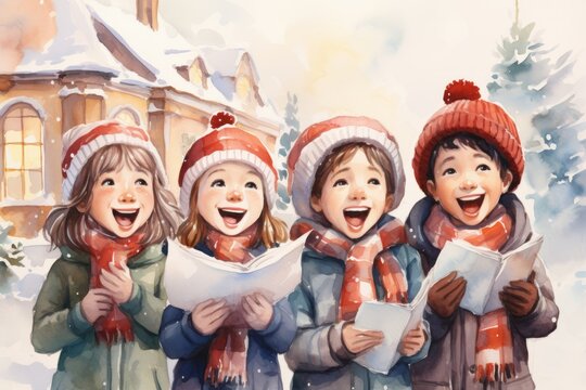 A group of children joyfully singing Christmas carols in the midst of a snow-covered neighborhood, showcasing the festive spirit and unity among the young participants