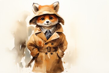 A red panda is depicted wearing a stylish trench coat. The red panda stands out against a plain backdrop, showcasing its unique attire