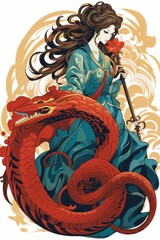 A woman in a blue dress is holding a red dragon, showcasing a unique and striking juxtaposition between the elegant human figure and the mythical creature