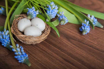 Happy Easter greeting card. Eggs in a nest and Muscari flowers..