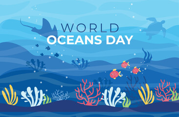World Oceans day background. Vector illustration of a beautiful blue sea background with waves, bubbles, fish, different colored algae, corals, sea turtle, stingray, World oceans day inscription.