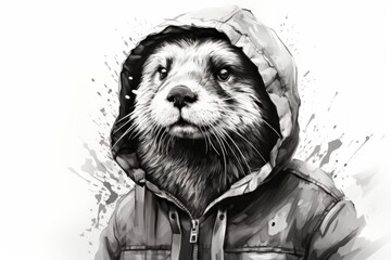 A hip otter in a bomber jacket and beanie hat