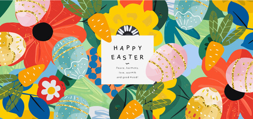 Happy Easter! Vector cute naive simple gouache illustrations of Easter eggs,  carrot, abstract pattern, flowers, plants for greeting card, invitation, banner or background - 746818465