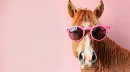 Cheerful horse in trendy sunglasses on pastel backdrop with room for text placement.