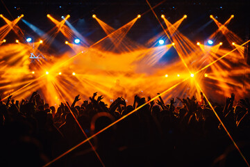 Crowd is rising their hands, dancing and having fun at music festival at night