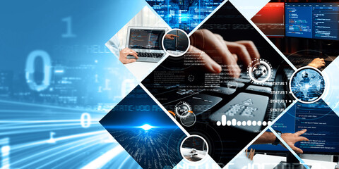 Computer programming, coding and AI artificial intelligence software development engaged by skilled...