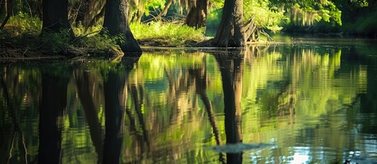 A body of water gently reflecting the surrounding trees and grass along a tranquil riverbank. The serene landscape creates a peaceful atmosphere.