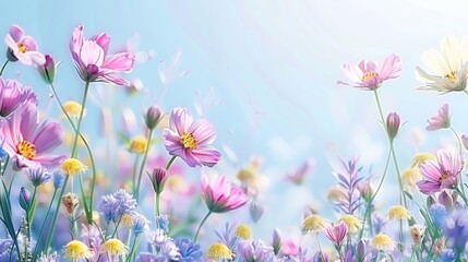Vivid spring flower meadow under blue sky with blurred background for text, nature landscape