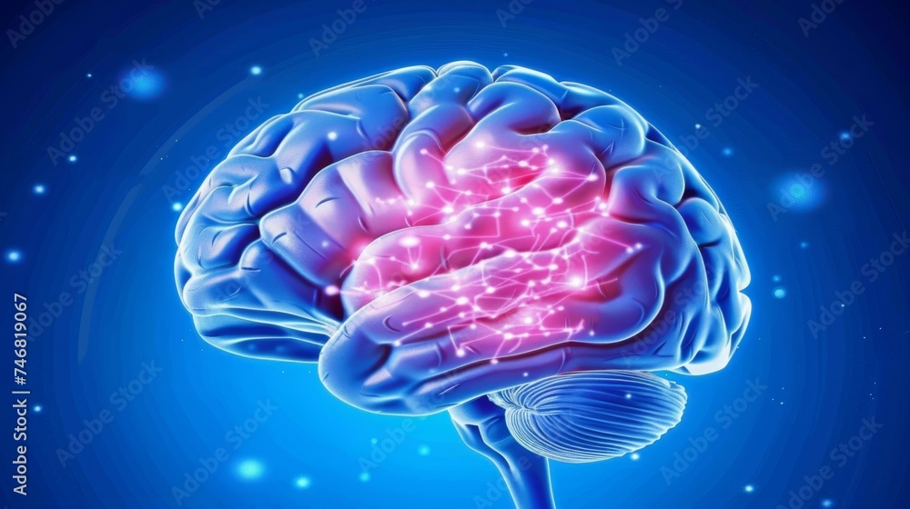 Poster close up of human brain with detailed view of neurons firing and neural extensions in action