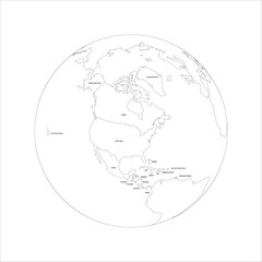 Political map of North America. Thin black outline map with country name labels on white background. Ortographic projection. Vector illustration