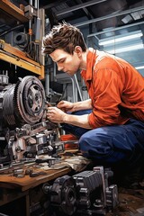 A specialist mechanic is actively working on a machine in a factory workshop, specifically adjusting the timing belt. The man is focused and skilled, ensuring the proper functioning of the equipment