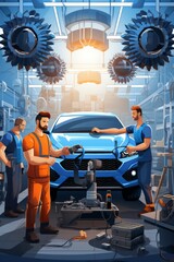 A group of men, identified as mechanics, is industriously working on a car in a factory setting. They are using diagnostic tools and equipment to repair and enhance the vehicle