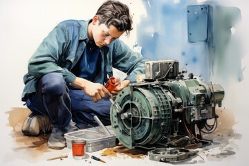 Fototapeta na wymiar A painting depicting a technician, identified as VetalVit, meticulously testing the alternator of a vehicle. The man is focused on his task, working on the machine with precision and expertise