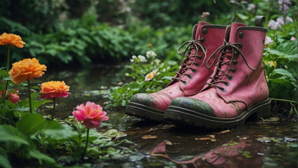 A pair of farmer's shoes in the garden among the flowers