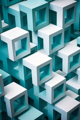 A group of identical white cubes arranged in a pattern against a vibrant blue background. The cubes are clean, simple, and orderly, creating a visually striking contrast against the blue backdrop
