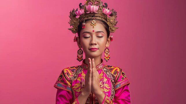 south east asian woman in praying pose with animated color pink background wear traditional clothes