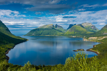 Naklejka na ściany i meble Beautiful landscape over the fjord of Senja Island from Bergsbotn Platform, Norway