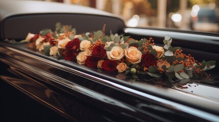 arrangement of flowers on the wedding car, flowers in the car interior, they are arranged neatly and securely attached.