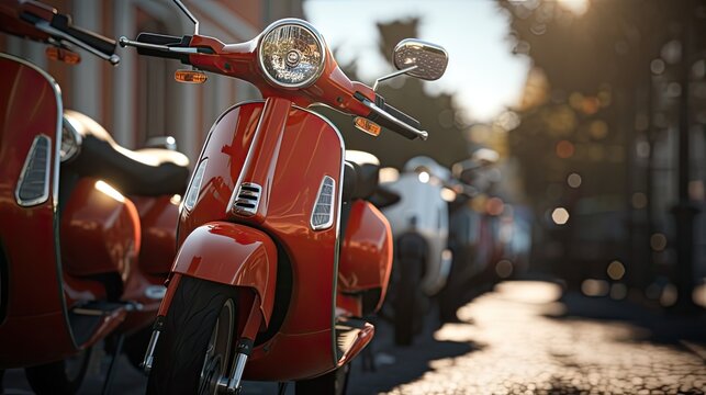 The mopeds in the parking lot are positioned to maximize the color contrast between them, increasing visual interest.