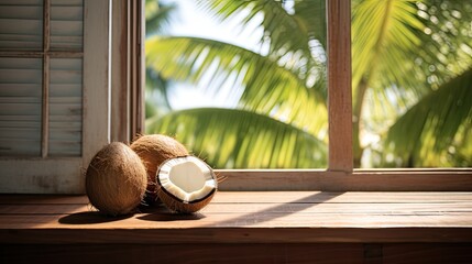 texture and color of coconut coconut on a wooden table near a window to get soft natural light to highlight natural patterns and imperfections - obrazy, fototapety, plakaty