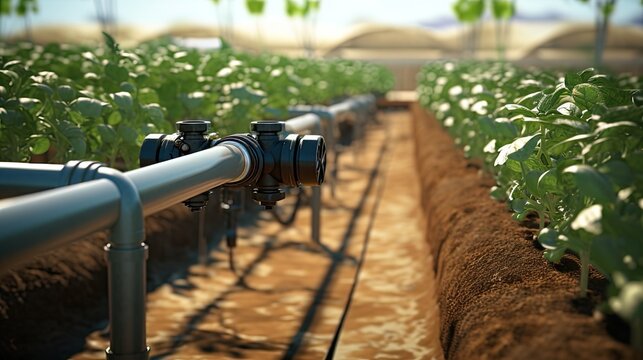 a drip irrigation system in action, capturing the movement of water droplets as they fall on garden plants.