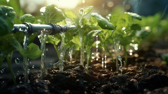 a drip irrigation system in action, capturing the movement of water droplets as they fall on garden plants.