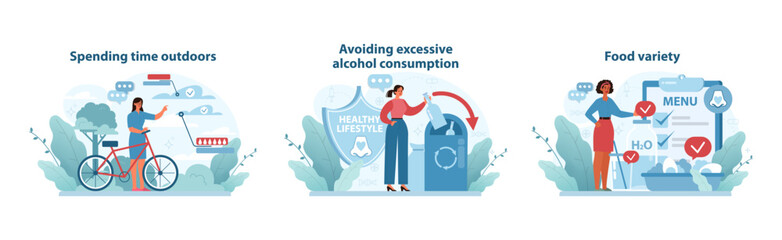 Outdoor Activities and Diet Variety Set. Encouraging outdoor exercise, moderate alcohol use.
