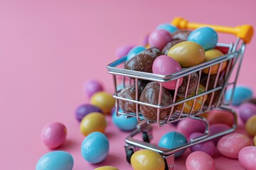 Fototapeta na wymiar Colorful easter eggs in a mini shopping cart on a pink background for festive holiday concept