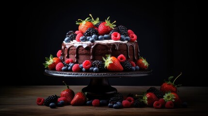 chocolate cake with different berries on a stand