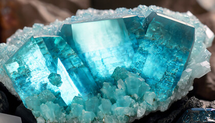 Aquamarine crystal mineral stone. Gems. Mineral crystals in the natural environment. - obrazy, fototapety, plakaty