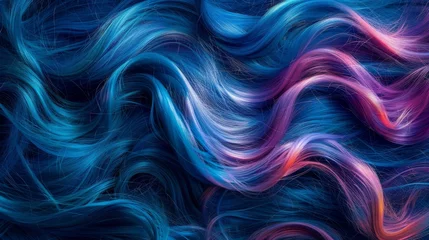 Fotobehang Abstract colorful wavy hair strands background with vibrant blue and pink tones © Fat Bee