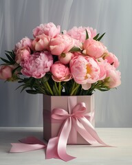 Bouquet of pink peonies and gift box