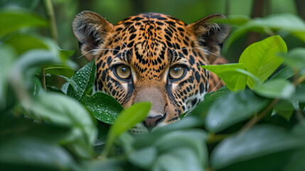 Intense gaze of a jaguar in the wild