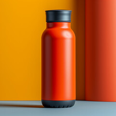 Modern orange insulated thermal bottle on colorful background