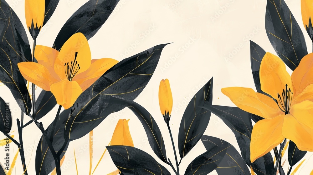 Poster lemon yellow lines in geometric patterns on spring abstract backdrop, evoking blossoming flowers.
