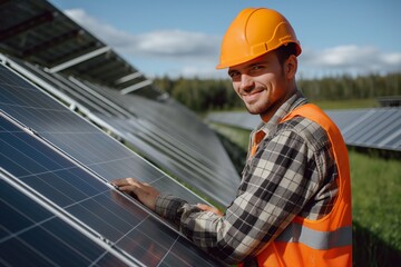 Obraz premium Portrait of a young male engineer or architect at a solar panel farm. The concept of clean energy