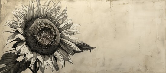 A black and white image of a sunflower, showcasing its iconic large sun-like inflorescence against a plain background. - obrazy, fototapety, plakaty