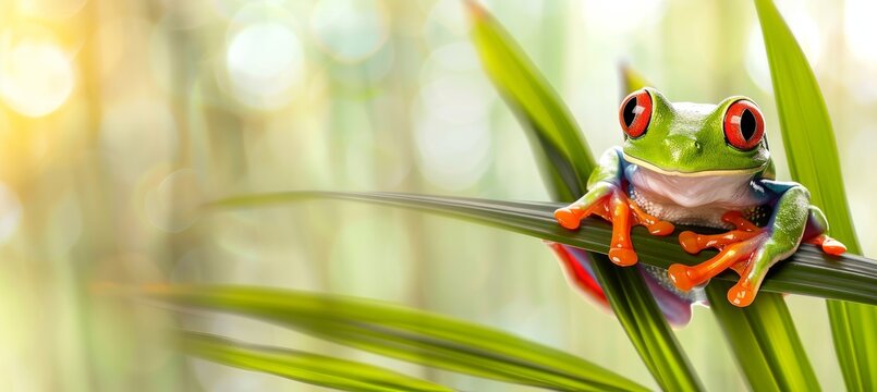 Vibrant red eyed amazon tree frog resting on a palm leaf with empty space for text overlay