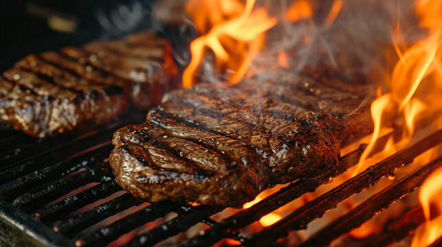steaks cooking over flaming grill. Generative Ai