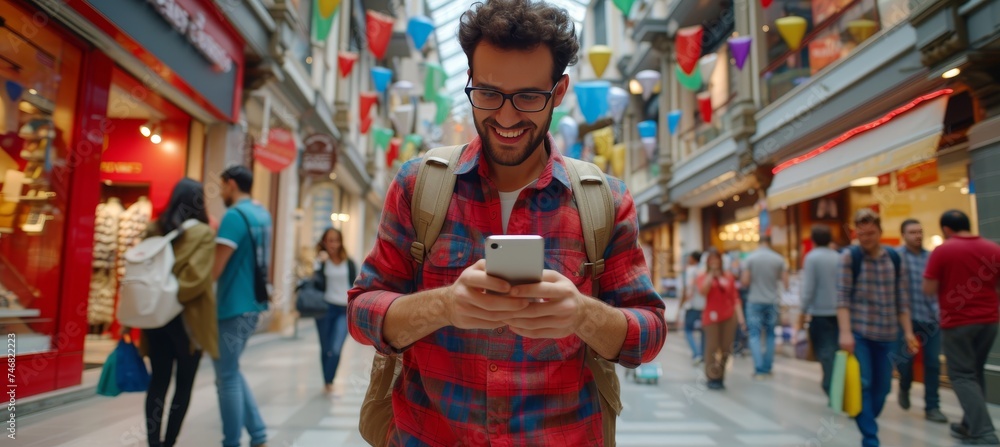 Aufkleber smiling bearded man using smartphone at shopping center with space for text placement