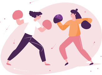 Two women practicing boxing, one in white and another in orange. Female boxers training, dynamic sports activity. Women's empowerment and fitness workout vector illustration.