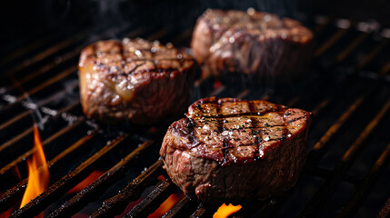 Assorted delicious grilled meat on the grill on a black background. Generative Ai