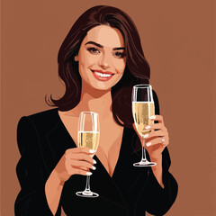 Businesswoman holding champagne, toasting to success, vector illustration