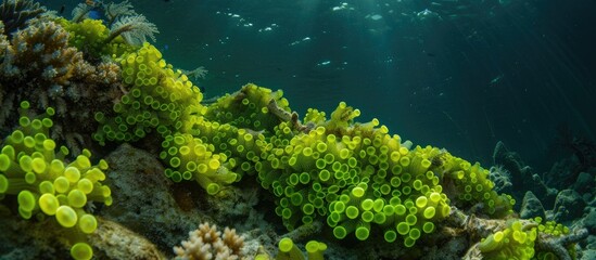 Fototapeta na wymiar This image shows a coral reef in the Red Sea covered with green algae, specifically Tydemania expeditionis. The algae forms small beads and provides a vibrant green contrast against the colorful reef