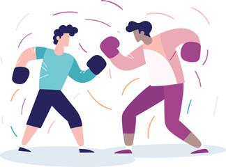 Two male boxers fighting in the ring, dynamic boxing match between athletes. Competitive sport and boxing training session vector illustration.