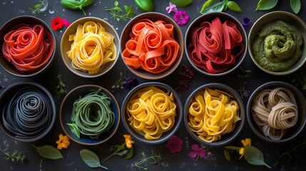 Bowls of colorful pasta. Long macaroni product in studio.